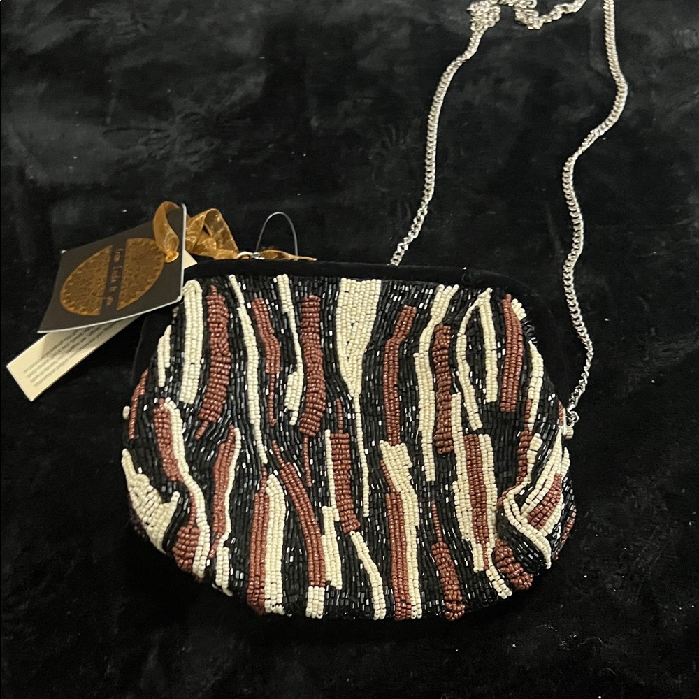 Beaded Crossbody Bag - Black, Cream & Brown